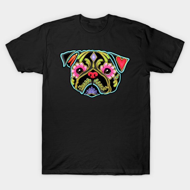 Pug in Black - Day of the Dead Sugar Skull Dog T-Shirt by prettyinink